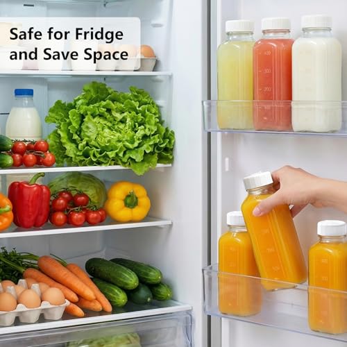 Image of Ruckae 16oz 10 Pack Glass Juice Bottles with Lids - Reusable Square Glass Juice Bottles with Leak-Proof Lid & Capacity Marks for Containers Juice,Milk,Smoothies