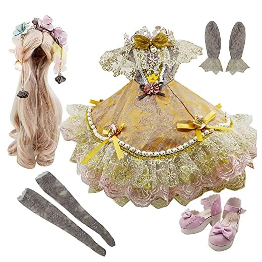 Proudoll Gorgeous Gown Dress Wig Shoes Stocking for 1/3 BJD Doll 60cm 24inches Dolls (Only Accessories(Without Doll), Gold-KRN)