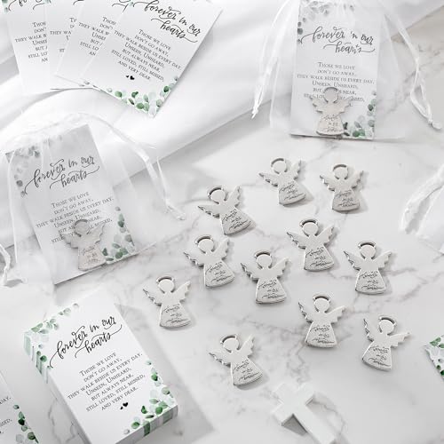 Ecation 100 Sets Celebration of Life Gift Ideas 100 Guardian Angel Pocket Token 100 Forever in Our Heart Cards 100 White Organza Bags Celebration of Life Funeral Favors for Guests