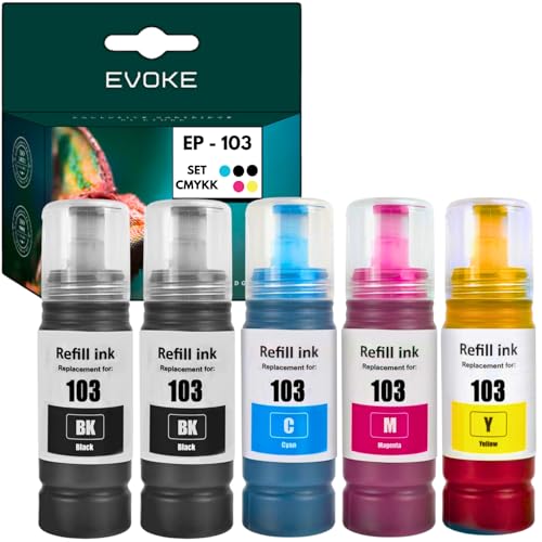 EVOKE 103 XL Zestaw tuszy kompatybilny z Epson EcoTank L3251 L3250 L3150 L3151 L3260 L3256 (Zestaw CMYK + czarny) 31500 Stron 350 ml