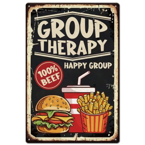 SUPERDANT Group Therapy Metallschild Burger Fries Coke Retro Blechschild Lustiges Fast Food Kunstschild Glückliche Gruppe Vintage Schild Für Restaurants Küche Pub Wanddekoration Plakettenschild