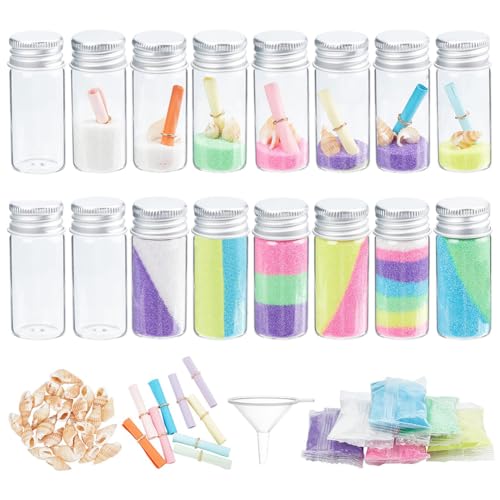 WEBEEDY 16 Stück Kinder Flasche Sand Kunst Basteln DIY Farbiges Sandhandwerk Set Inklusive Wunschflaschen Bunte Sandstrände Muscheln Nachrichtenpapier Geburtstag Weihnachten Geschenk