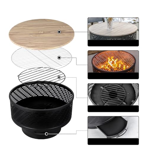 26" Wood Burning Fire Pits with Grill & Lid, Fire Pit Table for Outside with Waterproof Cover & Fire Poker, Outdoor Firepit with Functions for BBQ,Table and Bonfire