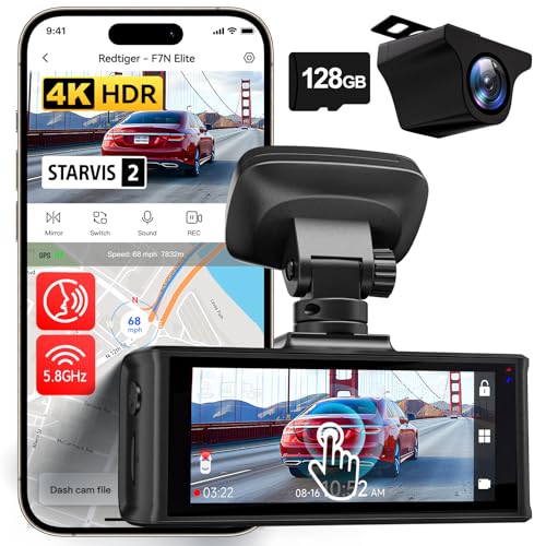 Image of REDTIGER 4K HDR Dash Cam Front and Rear, STARVIS 2 Sensor, 5.8GHz WiFi APP, 3.18 inch Touchscreen, Voice Control, 128G Card Included, WDR, Dash Camera for Cars with GPS, 24H Parking Mode(F7N Elite)