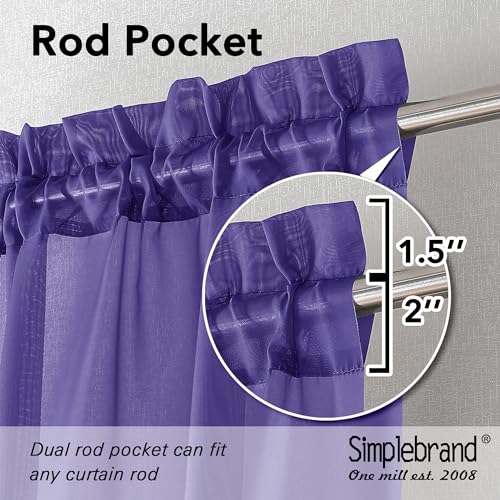 Image of Simplebrand Purple Short Sheer Curtains 45 Inch Length for Small Windows, Rod Pocket 2 Panels Set Solid Voile Drapes Window Sheer Curtains for Bedroom Bathroom Kids Room Kitchen, 42x45 Inch