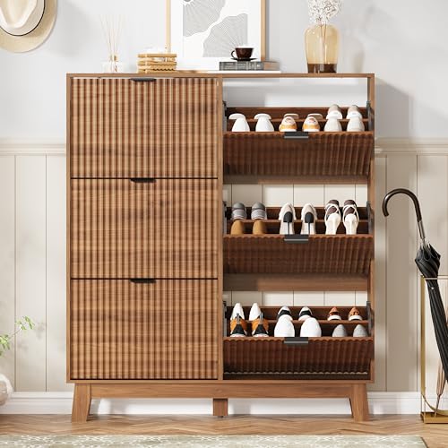 Image of Shoe Cabinet Storage for Entryway with 6 Flip Drawers, Fluted Narrow Shoe Organizer with Wooden Legs, Freestanding Slim Shoe Storage Hidden Shoe Rack Organizer for Front Door Entrance, Walnut