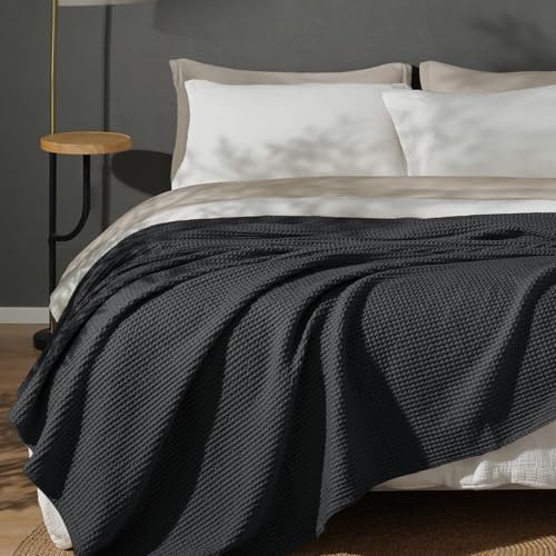 Image of PHF 100% Cotton Waffle Weave Blanket Twin Size 66 inchx90 inch - Lightweight Washed Soft Breathable - Perfect Layer for Couch Bed Sofa - Aesthetic Elegant Home Decoration Gift - Black