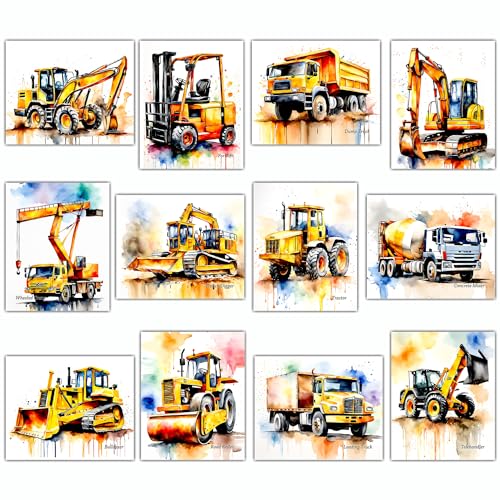Construction Room Decor for Boys - Dump Truck Tractor Wall Art, Construction Nursery Decor, Tractor Pictures Car Vehicle Prints Transportation Posters for Teen Guys Men Cave - 8x10 UNFRAMED Photos