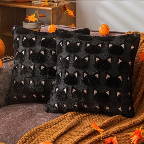 Halloween Black Cat Throw Pillow Covers 18x18 Inch Set of 2, Spoo...
