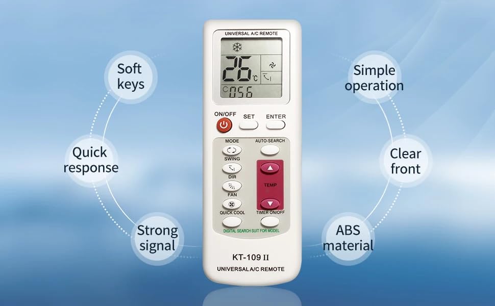 Universal Air Conditioner Remote Control Replacement for KT109II - LCD Display, Compatible with Most AC Units, Energy Saving, Easy Setup