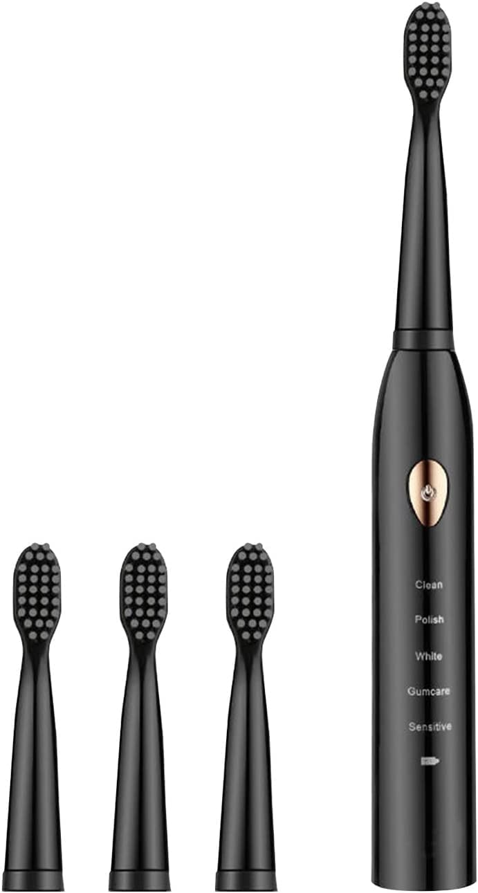 Cepillo de dientes eléctrico para adultos, cepillo de dientes eléctrico z carga USB z 4 cabezales de cepillo, 5 modos de cuidado inteligentes Ipx7 a prueba de agua para adultos (Negro)