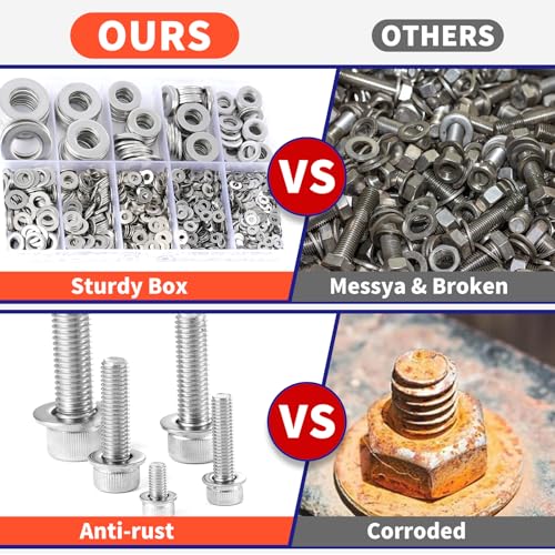1100 Pcs Flat Washers Assortment Kit – 304 Stainless Steel, 9 Metric Sizes (M2–M12), Metal Washers for Screws and Bolts – Ideal for Automotive, Construction, Industrial, and DIY Use