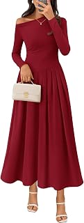 MEROKEETY Women's Fall Long Sleeve Wedding Guest Dresses 2025 One Shoulder Elegant Formal Pleated Midi Maxi Dress