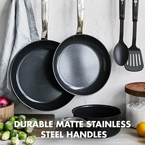 Image of GreenPan Chatham Prime Midnight Hard Anodized Healthy Ceramic Nonstick, 5 Piece Cookware Pots and Pans Set, Mixed Cooking Utensils, Stainless Steel Handles, PFAS-Free, Dishwasher Safe Oven Safe, Black