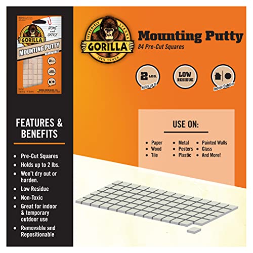 Image of Gorilla Mounting Putty, Natural Tan Color, 84 Pre-Cut Squares (Pack of 8) - Non-Toxic Removable & Repositionable Wall Putty