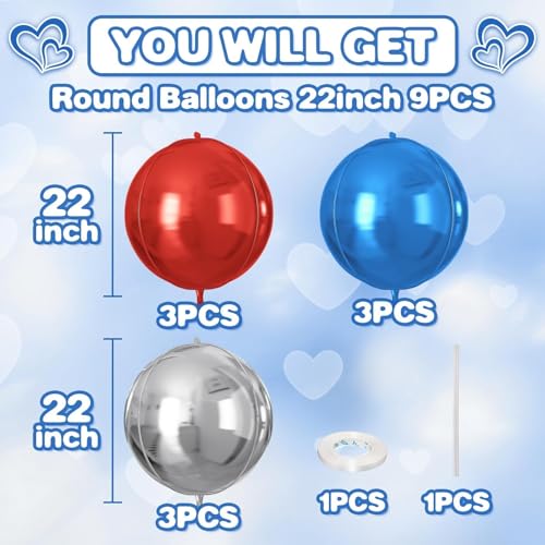 Image of 9 Pcs Red Blue Silver Round Foil Balloons,22 Inch Round Balloons | Red Blue Silver Giant 4D Round Ball Balloons For Patriotic Birthday Graduation Sports Party Decorations