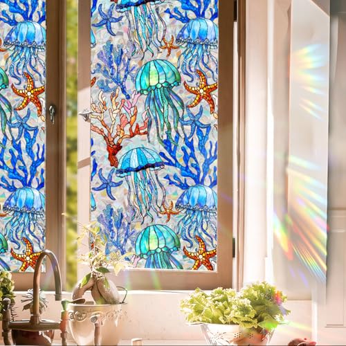 Film Opaque Vitrage Méduse Bleue Corail Film Opaque Fenetre Anti Regard Electrostatique Pas De Colle Brise Vue Fenetre pour Salle de Bain Bureau Cuisine...