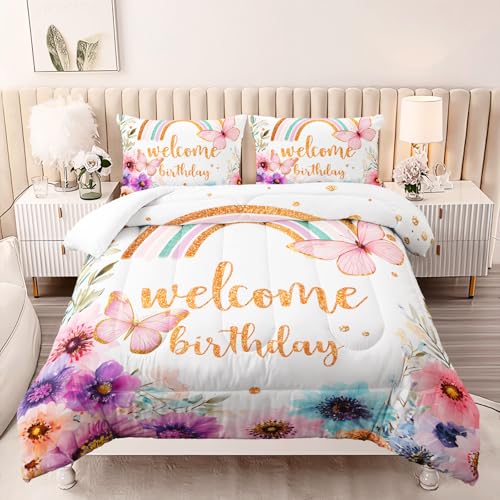 Image of AILONEN Queen Welcome Birthday Comforter Set, 3 Piece Rainbow Floral Butterfly Bedding, Gold Script Party Decor, Lightweight Microfiber Luxury Guest Master Bedroom