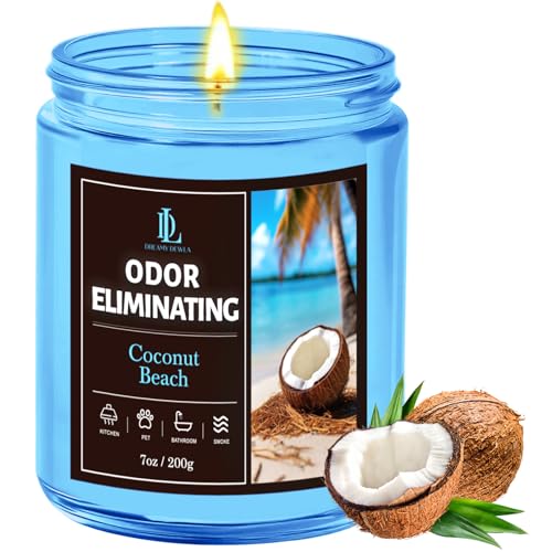 Coconut Beach Odor Eliminating Highly Fragranced Candle, Eliminates 95% of Living Room, Bedroom, Bathroom and Other Smells Quickly, Air Freshing Scented Candles, Soy Candle Gifts for Women Men, 7oz