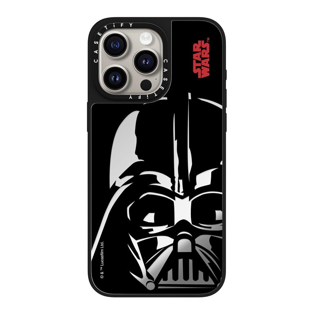 CASETiFY Mirror iPhone 15 Pro Max Case [Star Wars Co-Lab / 4.9ft Drop Protection/Magsafe] - Darth Vader Helmet - Silver on Black