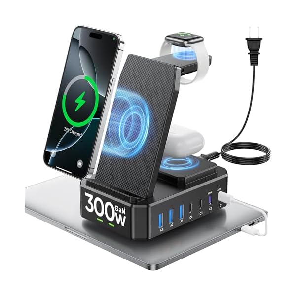 300W Charging Station for Multiple Devices Apple,10 in 1 Wireless Charger for iPhone,GaN III USB C 65W PD Fast Charging Stand Dock for MacBook,iWatch&Airpods (Wireless Charging Only for Apple)