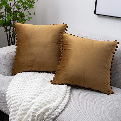 UPOPO Cojines Sofa Terciopelo Pompones Funda Decorativos Cojin Salon Cama para Super Dormitorio 2 Piezas de Color Sólido De Cojín Suave Almohada Sala De Estar con Cremalleras 40 X 40 cm Marrón