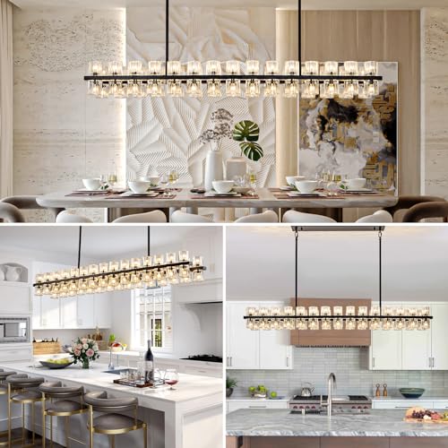 Image of Crystal Black Rectangular Chandelier Light Fixture,54 in Dining Room Chandeliers Over Table,Modern Chandeliers For Living Room,Arcachon Chandelier,Kitchen Island Chandeliers Includes 60xG4 Bulbs