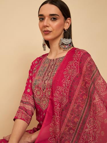 Image of SheWill Kurta Sets for Women - Red Rayon Aari Hand Work with Digital Floral Print Kurta with Pant and Chanderi Dupatta |Stylish Printed Summer Kurti Set