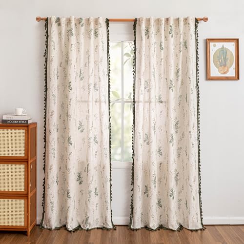 Image of MYSKY HOME Linen Boho Floral Curtains 84 inches Long 2 Panels with Green Tassels Leaf Patterned Spring Vintage Cottage Core Light Filtering Semi Sheer Curtains for Living Room Bedroom, 52 inch Wide