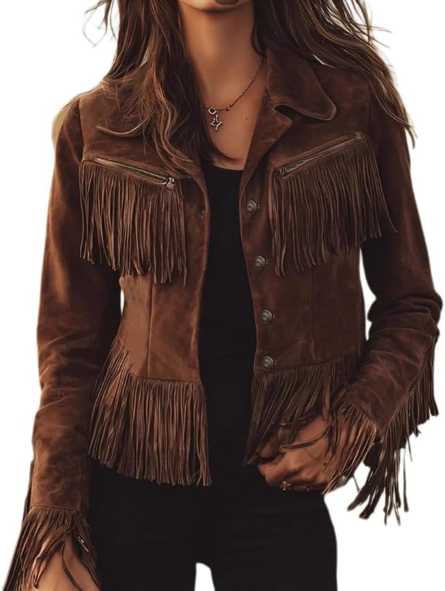 Apvirdy Women's Western Suede Shirt Jacket V-Neck Slim Fringe Trim Button Retro Coat Tops