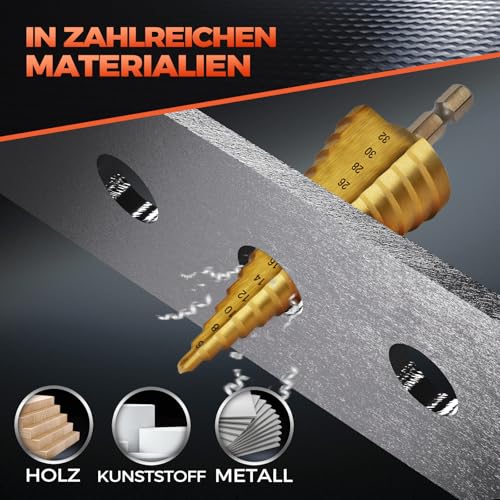 COMOWARE HSS Stufenbohrer Set, 3-tlg Stufenbohrer präzise Geradnut Kegelbohrer, 4 bis 12/20/32mm Titan-beschichtete Profi Metallbohrer, geeignet für Metall Holz Kunststoff