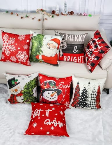Image of multiwins Christmas Decorations Set of 4 Double-Sided Print Christmas Pillow Covers 18 inch x 18 inch, with 8 Cute Patterns, Throw Pillow Covers Perfect for Home Christmas Decor