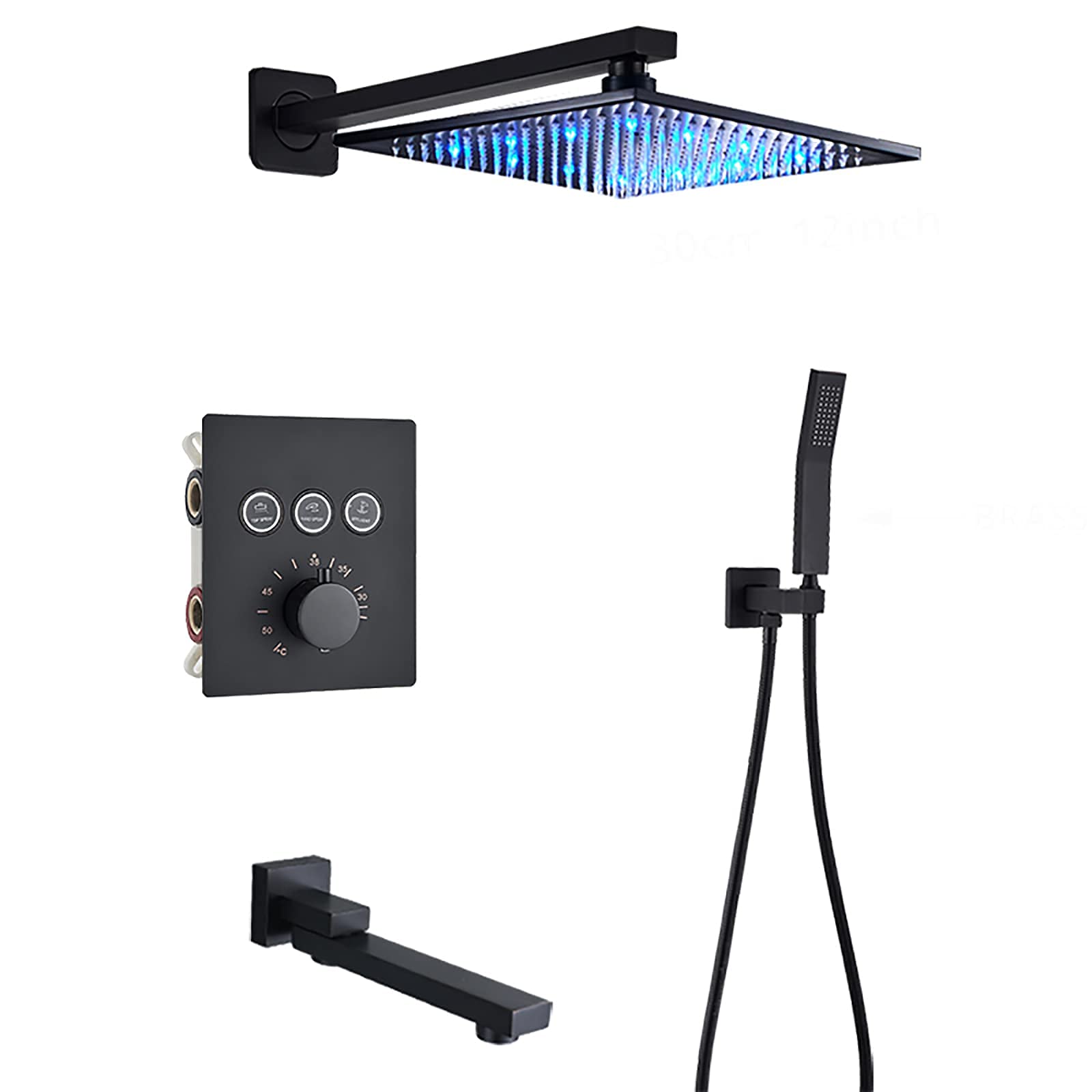 AYCDL Thermostatic Matte Black Shower Combo Set Wall Mounted Bathroom Shower Faucet Set with Led Shower Head, Handheld Shower, Swivel Tub Spout,16 Inches,16 Inches,size_name-12 Inches