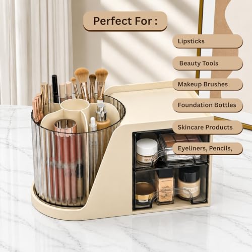 Image of KiZY Luxury 360 Rotating Makeup Brush Holder Organizer | Countertop Organizer Skincare Storage for Vanity, Desktop, Bathroom, Cosmetics | Lipstic, Eyeliners, Perfume Storage. (ROT CREAM)