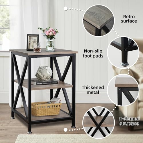 Image of TooCust Square End Table with Storage Shelf, 16 inch D X 16 inch W X 24 inch H, 3-Tier End Table Living Room, Rustic Brown End Tables, X-Shaped Night Stand for Bedroom, Farmhouse Wood End Tables, Grey
