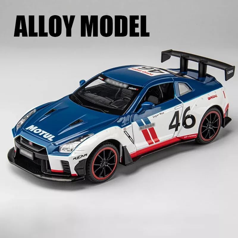 Image of 1:24 Nissan GTR R50 Diecast Model Car | Alloy Metal Pull Back Toy Vehicle with Sound, Light & Openable Doors | Racing Car Toy for Kids & Collectors (Blue)