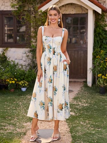 Image of KUTUMAI Floral Corset Midi Dress Flowy Slit Summer Spring Wedding Guest Dresses for Women Sundress with Pockets