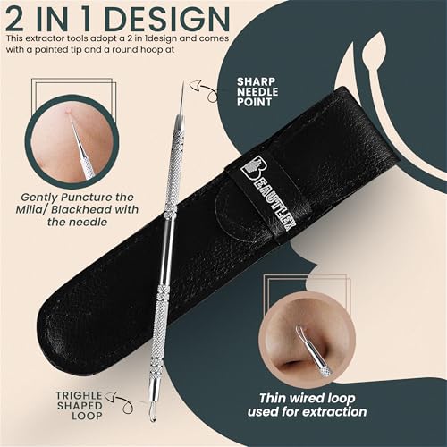 Skin Milia Remover Tool and Comedone Extractor Tool. Double Ended Loop & Sharp Zit/Pimple Popper Tool Kit. Stainless Steel Ear Blackhead Remover Tools Professional Pimple Extractor Tool for Acne - Thumbnail 5