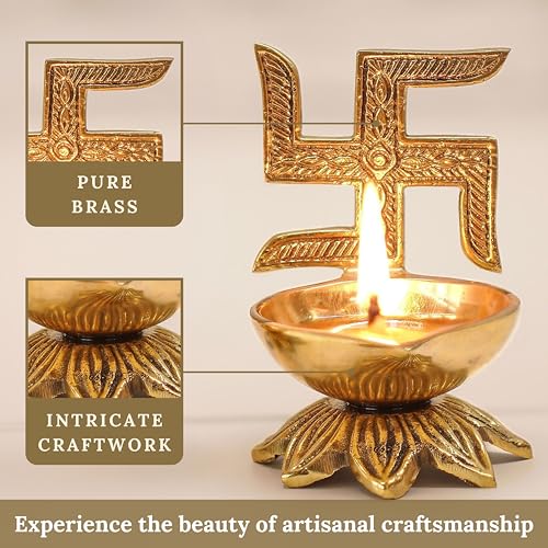 Image of Behoma 100% Pure Brass Swastik Diya Set of 2 for Puja | Traditional Handcrafted Brass Oil Lamp Diya for Home, Temple, Office, Pooja Room Decoration, Festive Rituals & Housewarming Gift Item