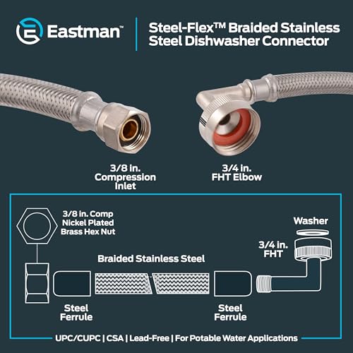 Image of Eastman 8 foot Dishwasher Supply Line, 3 /8 Inch Compression x 3 /4 Inch FHT Elbow, Braided Stainless Steel Dishwasher Connectors, 41013