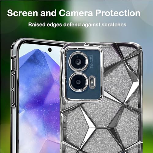 Image of VONZEE Gradient Glitter Case for Moto Edge 50 Fusion /Moto G96, Luxury Electroplated 3D Cube, Diamond Bling Shiny Soft TPU Clear Shockproof Case Women Girls Protective Phone Cover (Silver)
