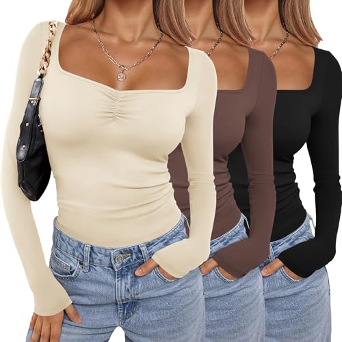 Ekouaer 3 Packs Womens Long Sleeve Tops Sweetheart Neck Fitted Shirts Basic Layering Tee Soft Undershirts Fall Outfits