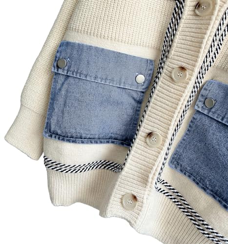 ebossy Women's Spliced Denim Pockets Knit Cardigan Button Down Slouchy Stripe Sweater Outwear4