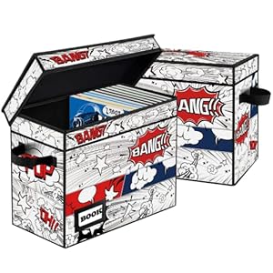 2 Pack Comic Book Storage, Collection Comic Book Box Organizer, 15.8″ X 7.8″ X 11.8″, Collapsible Comic Short Box, Holds 160-180 Comic Book, Comic Bin Container Holder Shelf(Cartoon Clock)