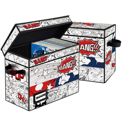 Image of 2 Pack Comic Book Storage box, Collection 15.8 inch X 7.8 inch X 11.8 inch, Collapsible Holds 160-180 Comic Book Short Box Organizer Container Holder Shelf(Cartoon Clock)