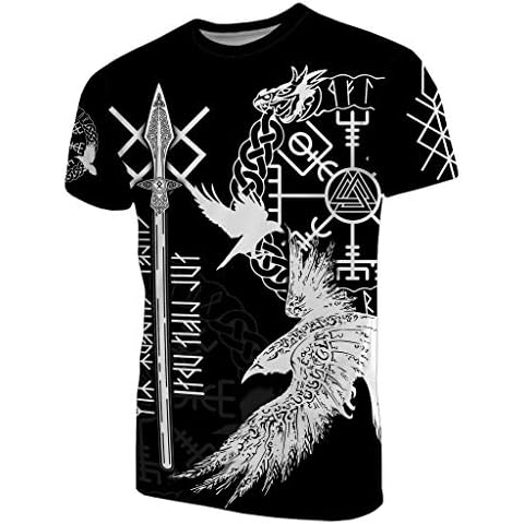 Fandao Norse Mythology Short Sleeve Top, God Odin's Raven Long Spear Tattoo T-Shirt, Viking Celtic Dragon Vegvisir Valknut Rune Sport T-Shirt,Black,6XL Cover