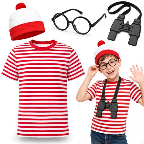 Vervora Red and White Striped Accessories Set Wally Fancy Dress Costume for School Dress Up World Book Day Carnival (M)