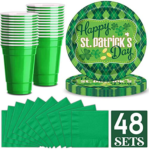 Saint Patrick's Day Party Supplies for 48 - Shamrock Themed Large Paper Plates 9”, Napkins 5”, Plastic Green Cups 16oz - Great for St. Patrick Day Tableware and Decorations