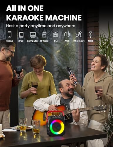 Wowstar Karaoke Maschine mit 2 Kabellose Mikrofone, Tragbare Bluetooth Lautsprecher Box für Erwachsene/Kinder mit Lichteffekte, Unterstützt TF/USB, FM, Rec, AUX in, TWS für Party, Geburtstag (Rot)