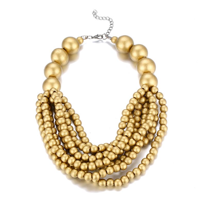 COLORFUL BLING Boho African Wooden Beaded Strands Necklace Ethnic Layered Chunky Collar Choker Wood Necklace for Women Hip Hop Statement Jewelry